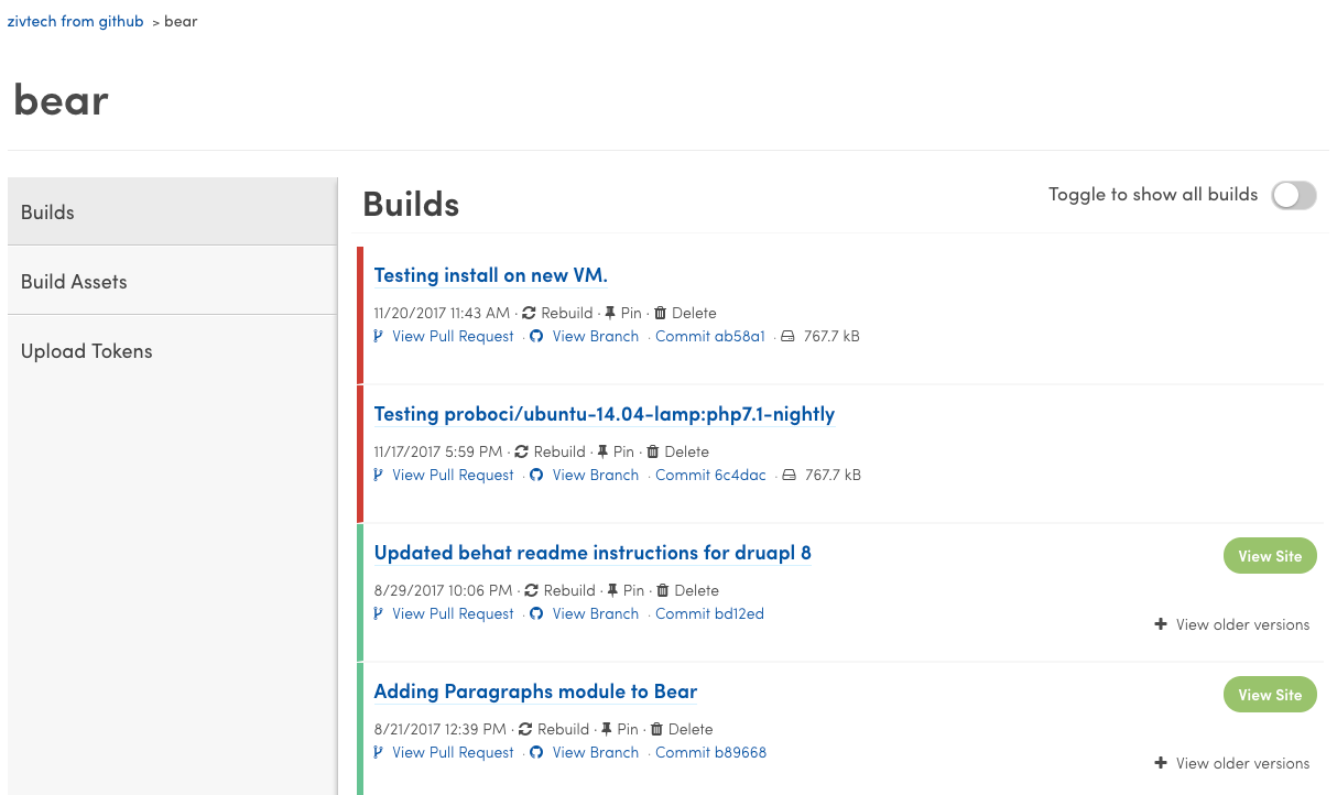 Probo Build Builds Page screenshot